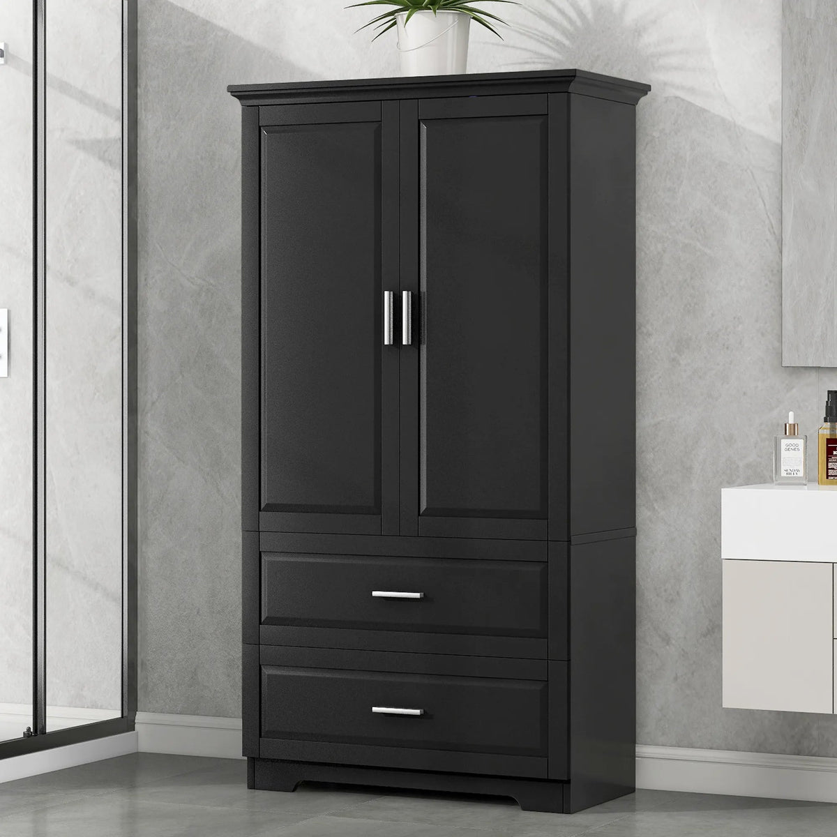 Bellemave® Tall Bathroom Storage Cabinet, Two Doors and Drawers, Adjustable Shelf - Bellemave