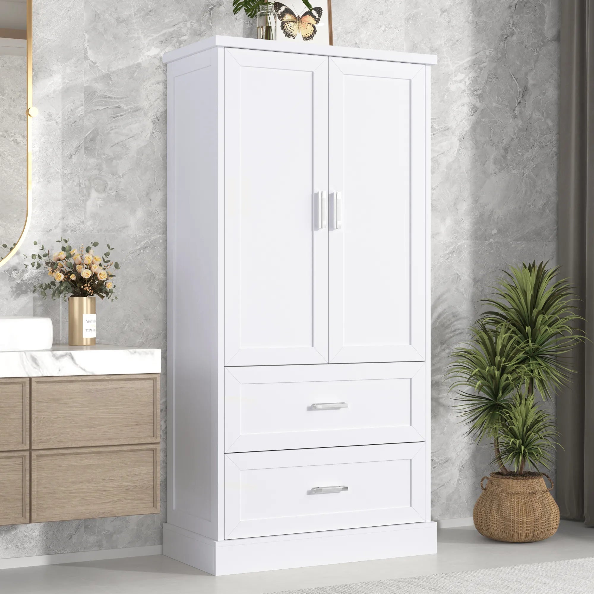 Bellemave® Tall Bathroom Storage Cabinet, Two Doors and Drawers, Adjustable Shelf - Bellemave