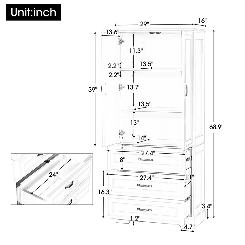 Bellemave® Tall Bathroom Storage Cabinet with Adjustable Shelf, Two Doors and Drawers - Bellemave