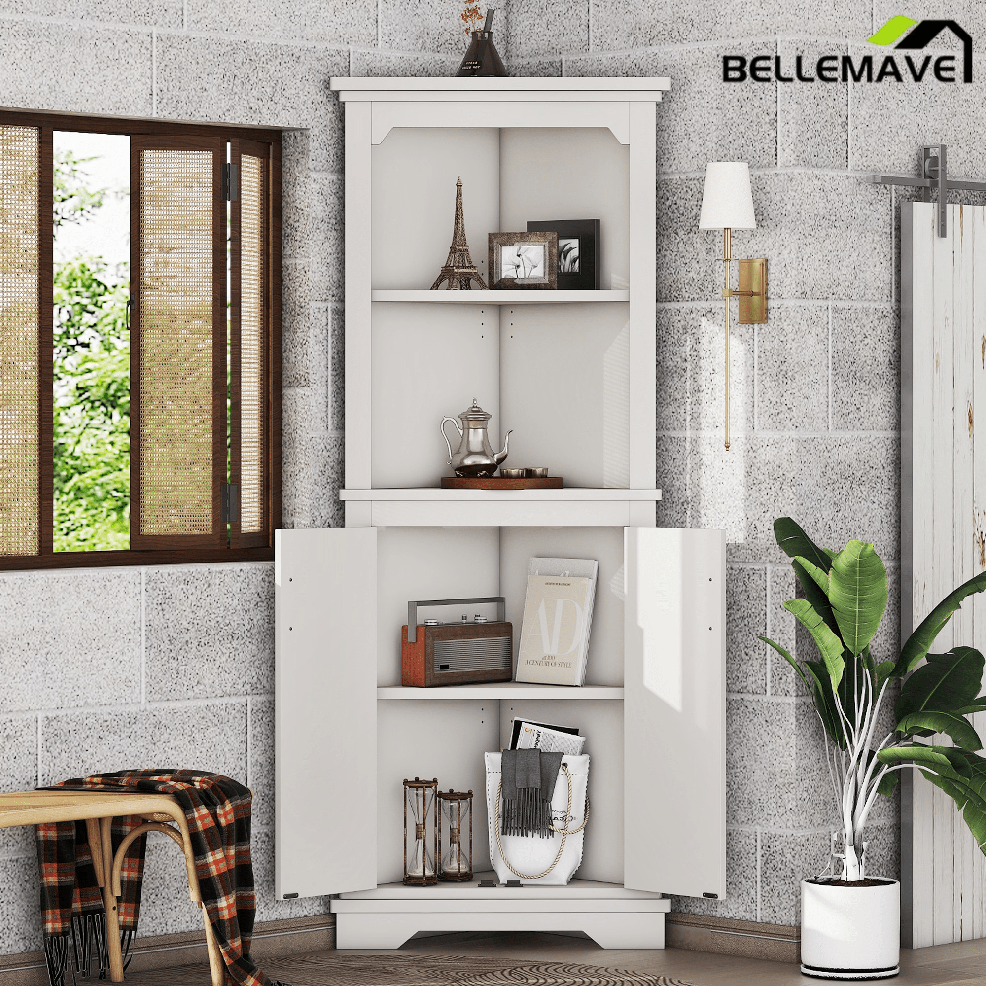 Bellemave® Tall Corner Cabinet with Doors for living room, bathroom,Dining Room or Kitchen,White - Bellemave