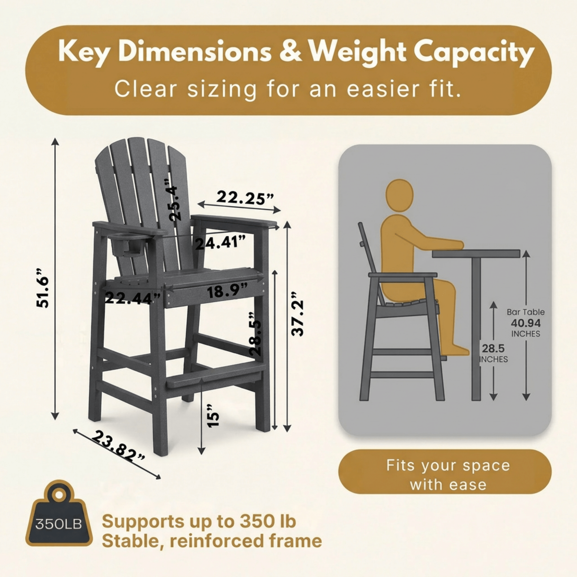 Bellemave® Tall Plastic Adirondack Bar Chair with Cup Holder & Armrests – Outdoor Patio Barstool - Bellemave
