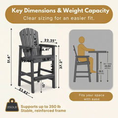 Bellemave® Tall Plastic Adirondack Bar Chair with Cup Holder & Armrests – Outdoor Patio Barstool - Bellemave