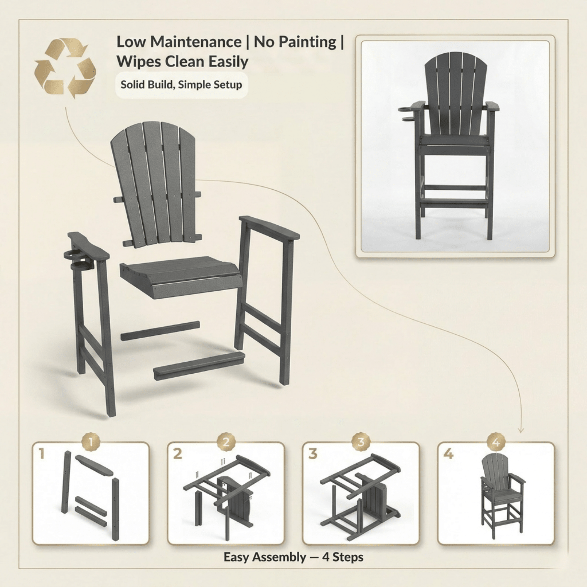 Bellemave® Tall Plastic Adirondack Bar Chair with Cup Holder & Armrests – Outdoor Patio Barstool - Bellemave