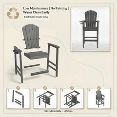 Bellemave® Tall Plastic Adirondack Bar Chair with Cup Holder & Armrests – Outdoor Patio Barstool - Bellemave
