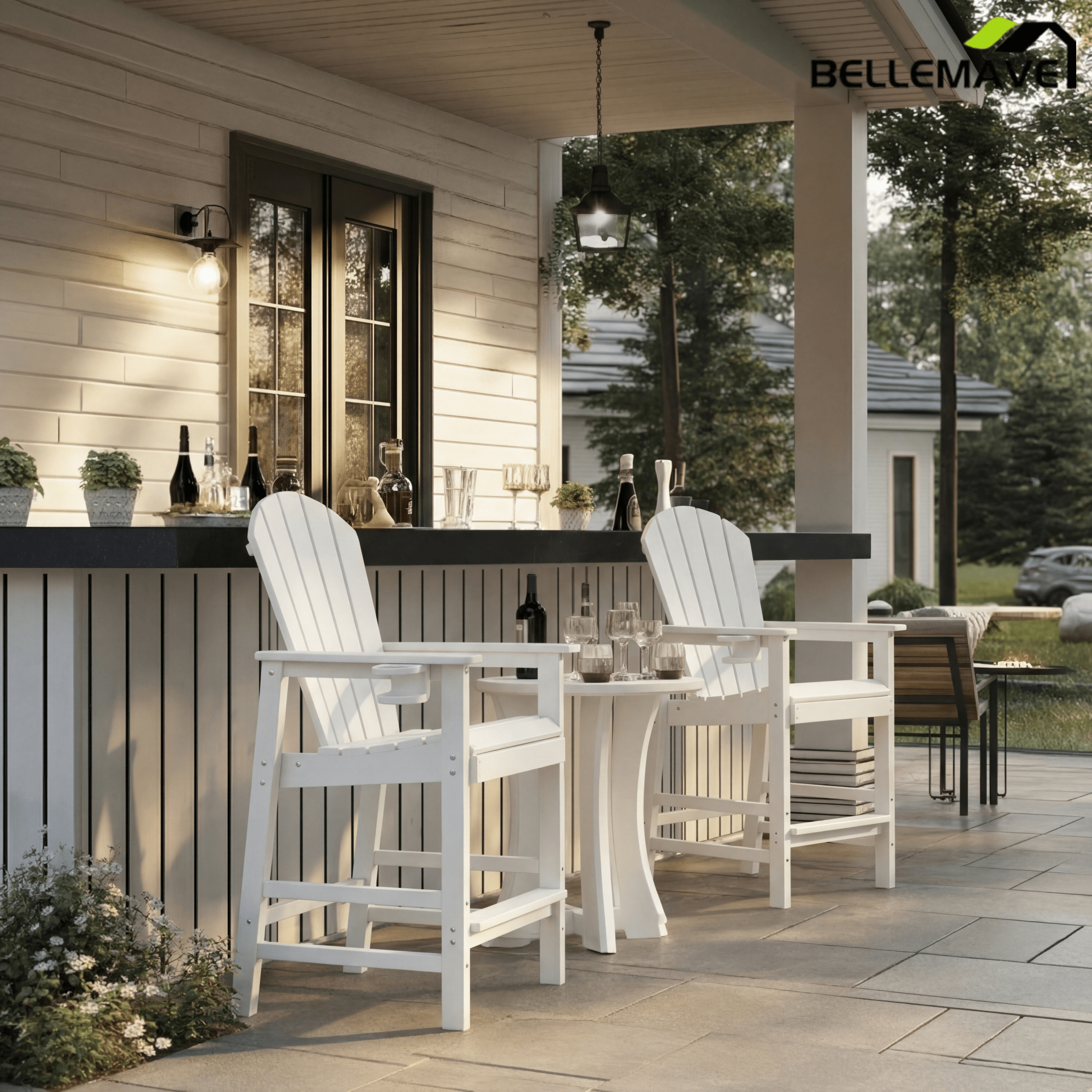 Bellemave® Tall Plastic Adirondack Bar Chair with Cup Holder & Armrests – Outdoor Patio Barstool - Bellemave