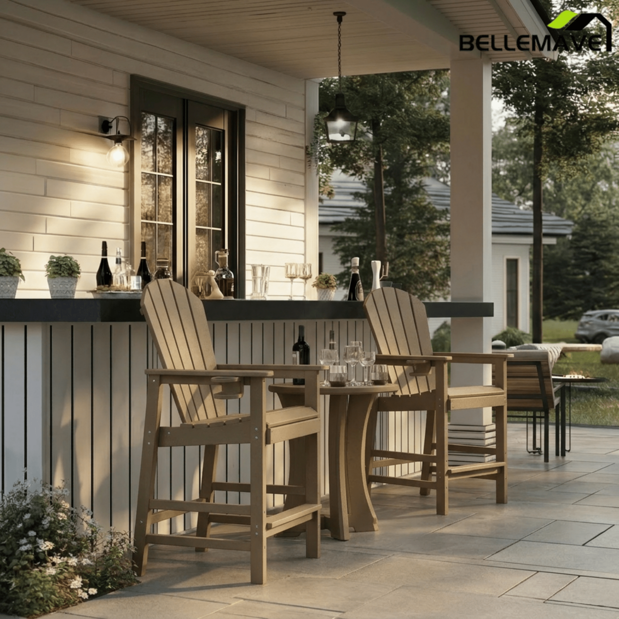 Bellemave® Tall Plastic Adirondack Bar Chair with Cup Holder & Armrests – Outdoor Patio Barstool - Bellemave