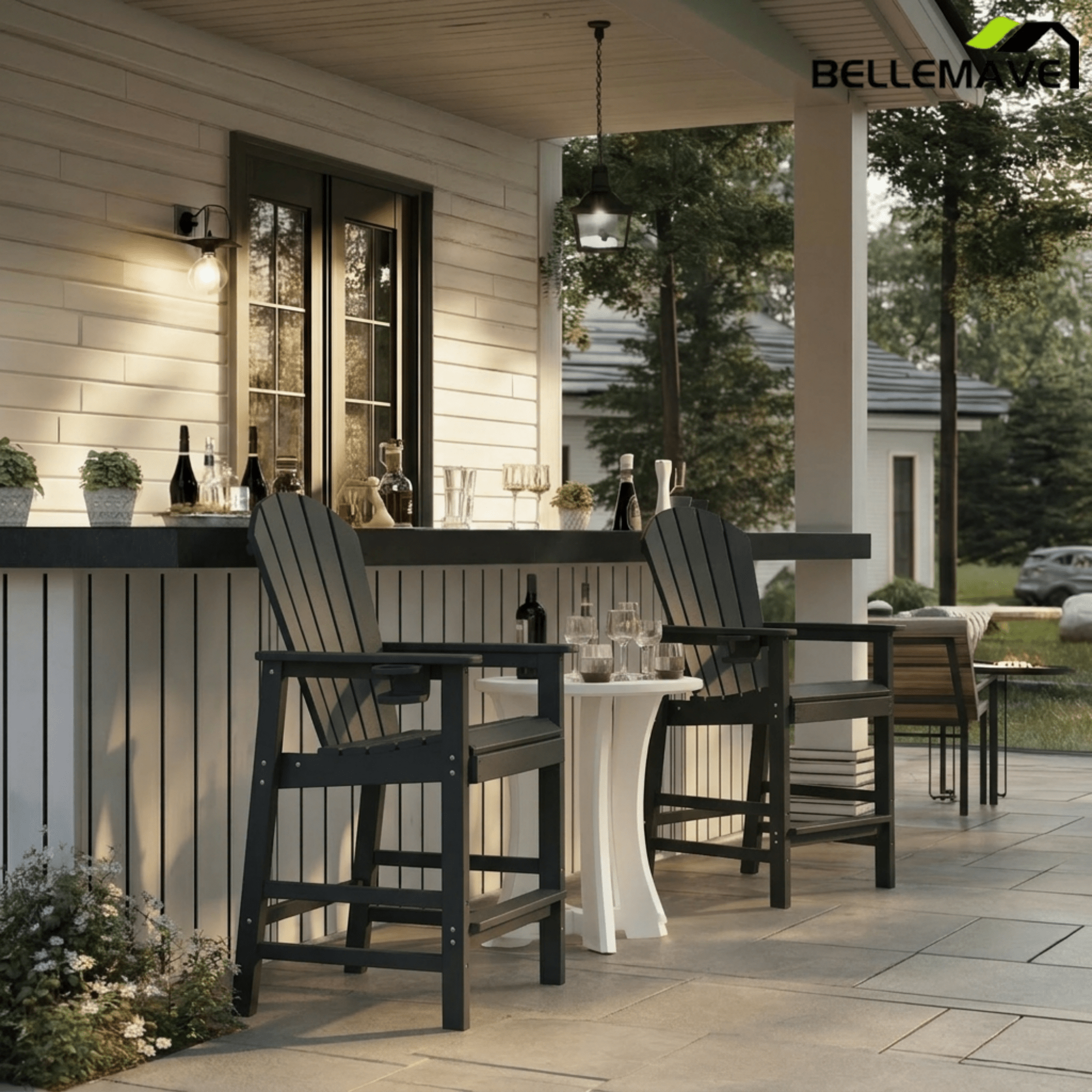 Bellemave® Tall Plastic Adirondack Bar Chair with Cup Holder & Armrests – Outdoor Patio Barstool - Bellemave