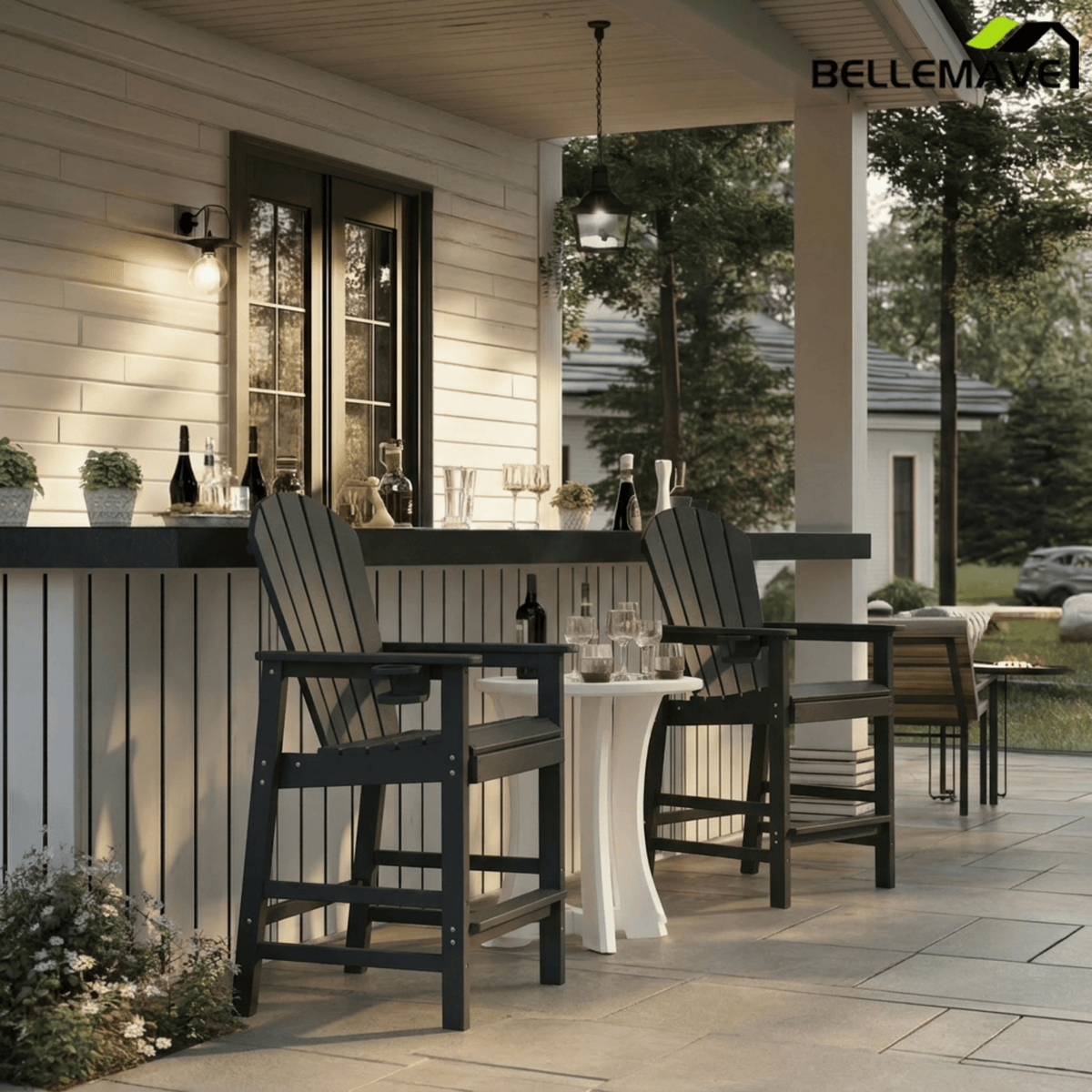 Bellemave® Tall Plastic Adirondack Bar Chair with Cup Holder & Armrests – Outdoor Patio Barstool - Bellemave