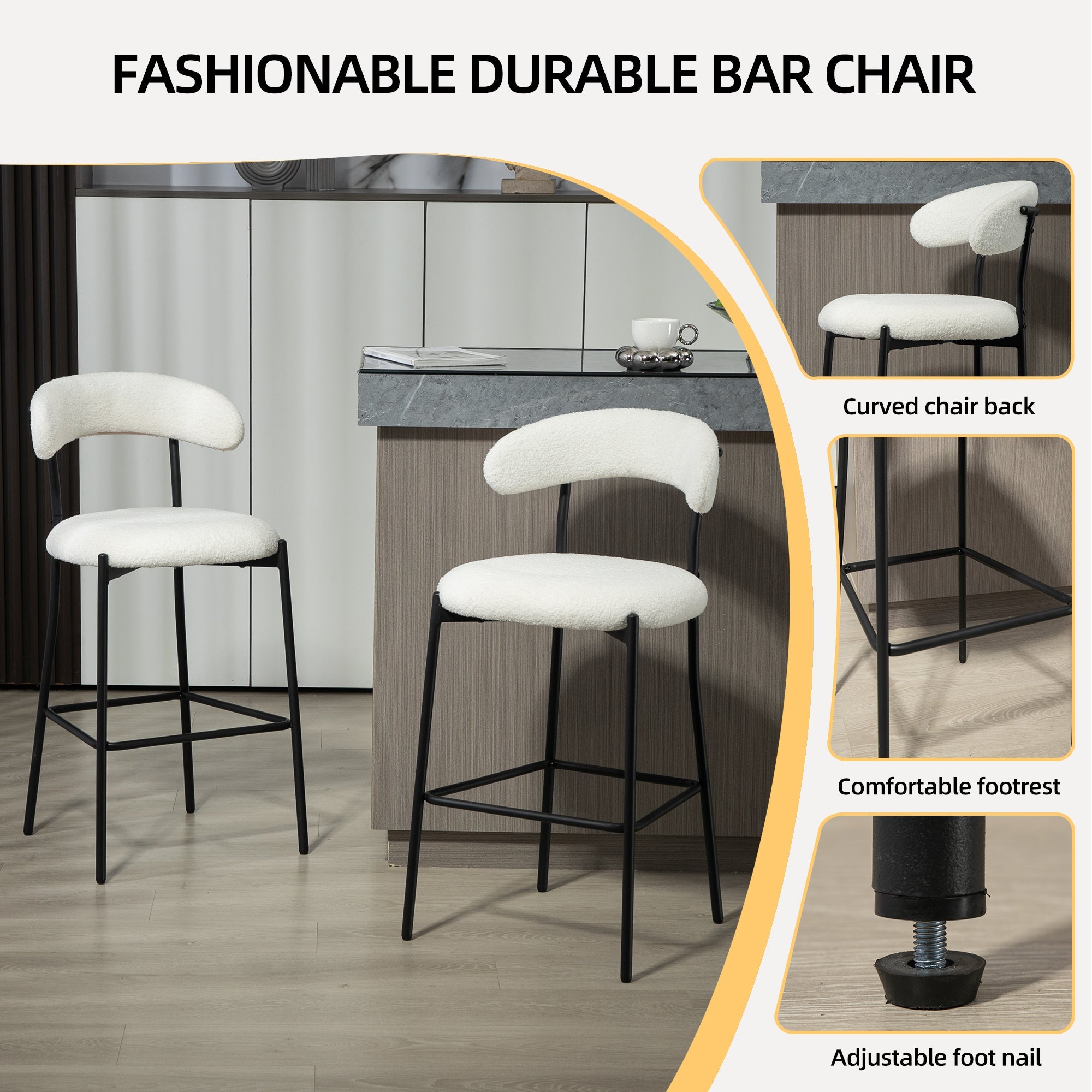 Bellemave® Teddy Fabric Bar Stool with Back Powder Coating Base(Set OF 2) - Bellemave