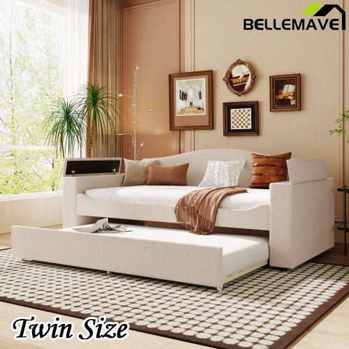 Bellemave® Teddy Fleece Upholstered Daybed with Storage Armrests, Trundle and Latest Integrated Bluetooth Audio System - Bellemave