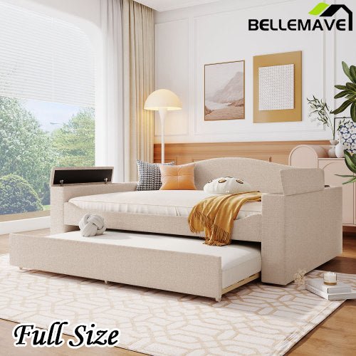 Bellemave® Teddy Fleece Upholstered Daybed with Storage Armrests, Trundle and Latest Integrated Bluetooth Audio System - Bellemave