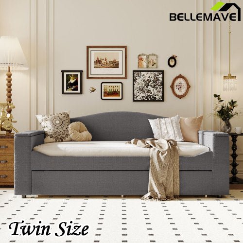 Bellemave® Teddy Fleece Upholstered Daybed with Storage Armrests, Trundle and Latest Integrated Bluetooth Audio System - Bellemave