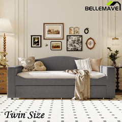 Bellemave® Teddy Fleece Upholstered Daybed with Storage Armrests, Trundle and Latest Integrated Bluetooth Audio System - Bellemave