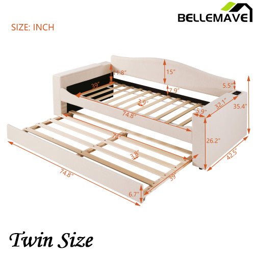 Bellemave® Teddy Fleece Upholstered Daybed with Storage Armrests, Trundle and Latest Integrated Bluetooth Audio System - Bellemave