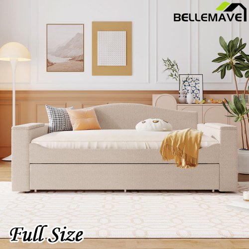 Bellemave® Teddy Fleece Upholstered Daybed with Storage Armrests, Trundle and Latest Integrated Bluetooth Audio System - Bellemave