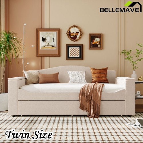 Bellemave® Teddy Fleece Upholstered Daybed with Storage Armrests, Trundle and Latest Integrated Bluetooth Audio System - Bellemave