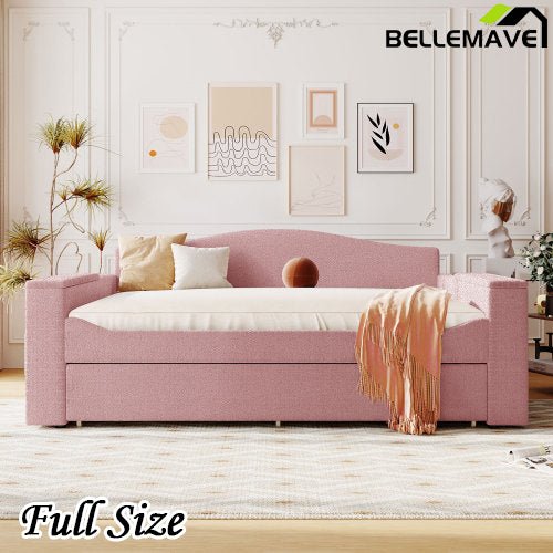 Bellemave® Teddy Fleece Upholstered Daybed with Storage Armrests, Trundle and Latest Integrated Bluetooth Audio System - Bellemave