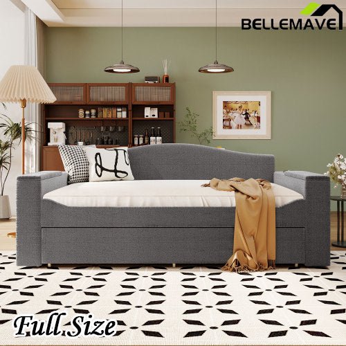 Bellemave® Teddy Fleece Upholstered Daybed with Storage Armrests, Trundle and Latest Integrated Bluetooth Audio System - Bellemave