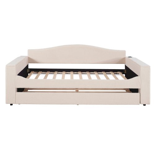Bellemave® Teddy Fleece Upholstered Daybed with Storage Armrests, Trundle and Latest Integrated Bluetooth Audio System - Bellemave