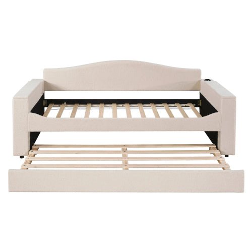 Bellemave® Teddy Fleece Upholstered Daybed with Storage Armrests, Trundle and Latest Integrated Bluetooth Audio System - Bellemave