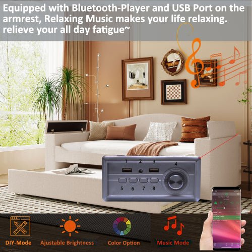 Bellemave® Teddy Fleece Upholstered Daybed with Storage Armrests, Trundle and Latest Integrated Bluetooth Audio System - Bellemave