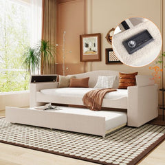 Bellemave® Teddy Fleece Upholstered Daybed with Storage Armrests, Trundle and Latest Integrated Bluetooth Audio System - Bellemave