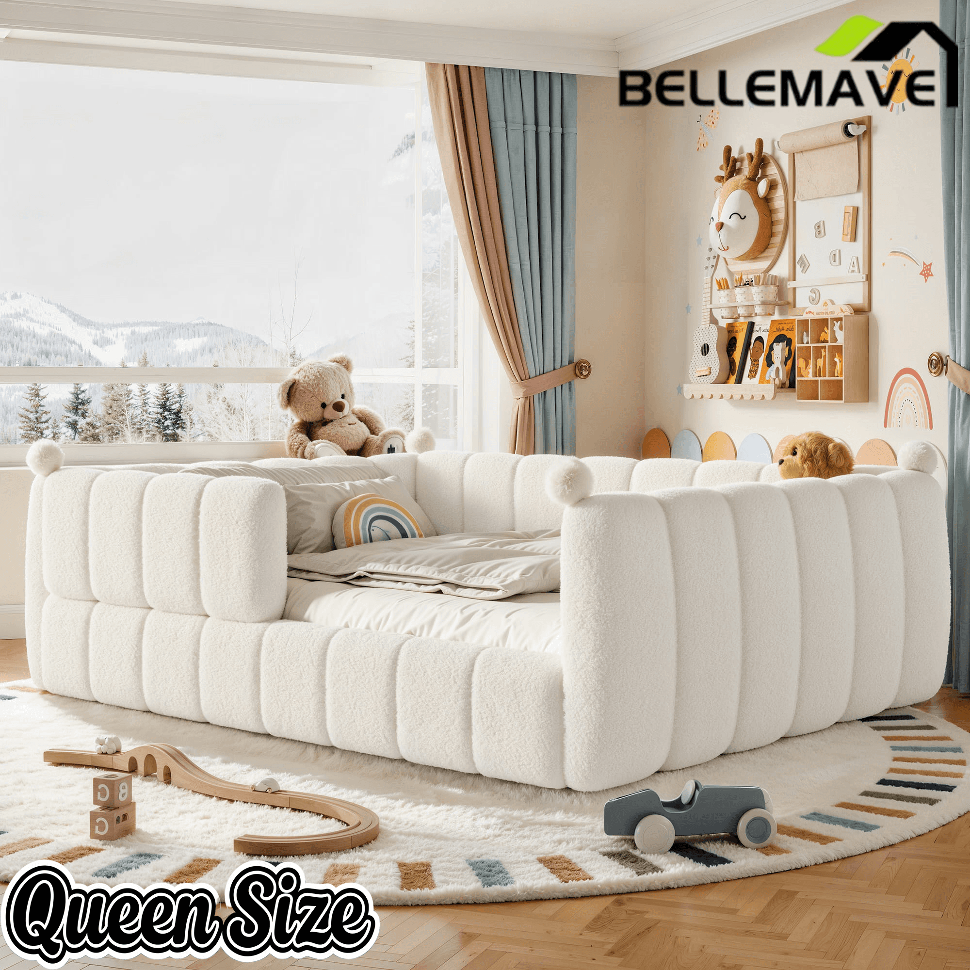 Bellemave® Teddy Fleece Upholstered Montessori Floor Bed with Fence,Low Profile Kids Bed Frame with Full Padded Safety Guardrails for Kids - Bellemave