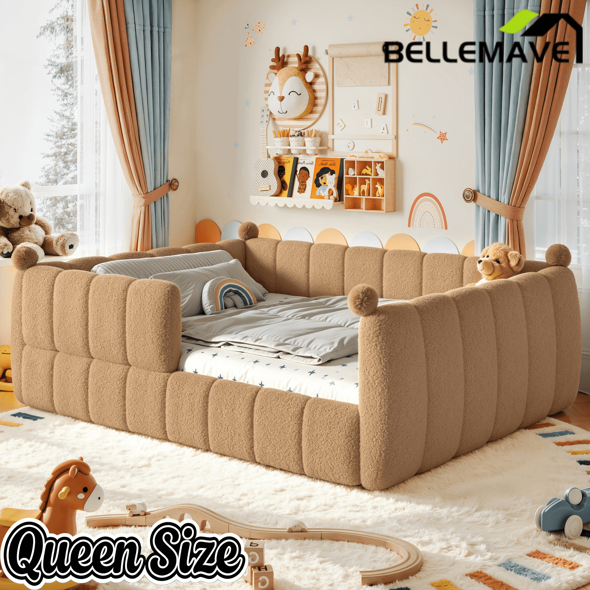 Bellemave® Teddy Fleece Upholstered Montessori Floor Bed with Fence,Low Profile Kids Bed Frame with Full Padded Safety Guardrails for Kids - Bellemave