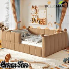 Bellemave® Teddy Fleece Upholstered Montessori Floor Bed with Fence,Low Profile Kids Bed Frame with Full Padded Safety Guardrails for Kids - Bellemave