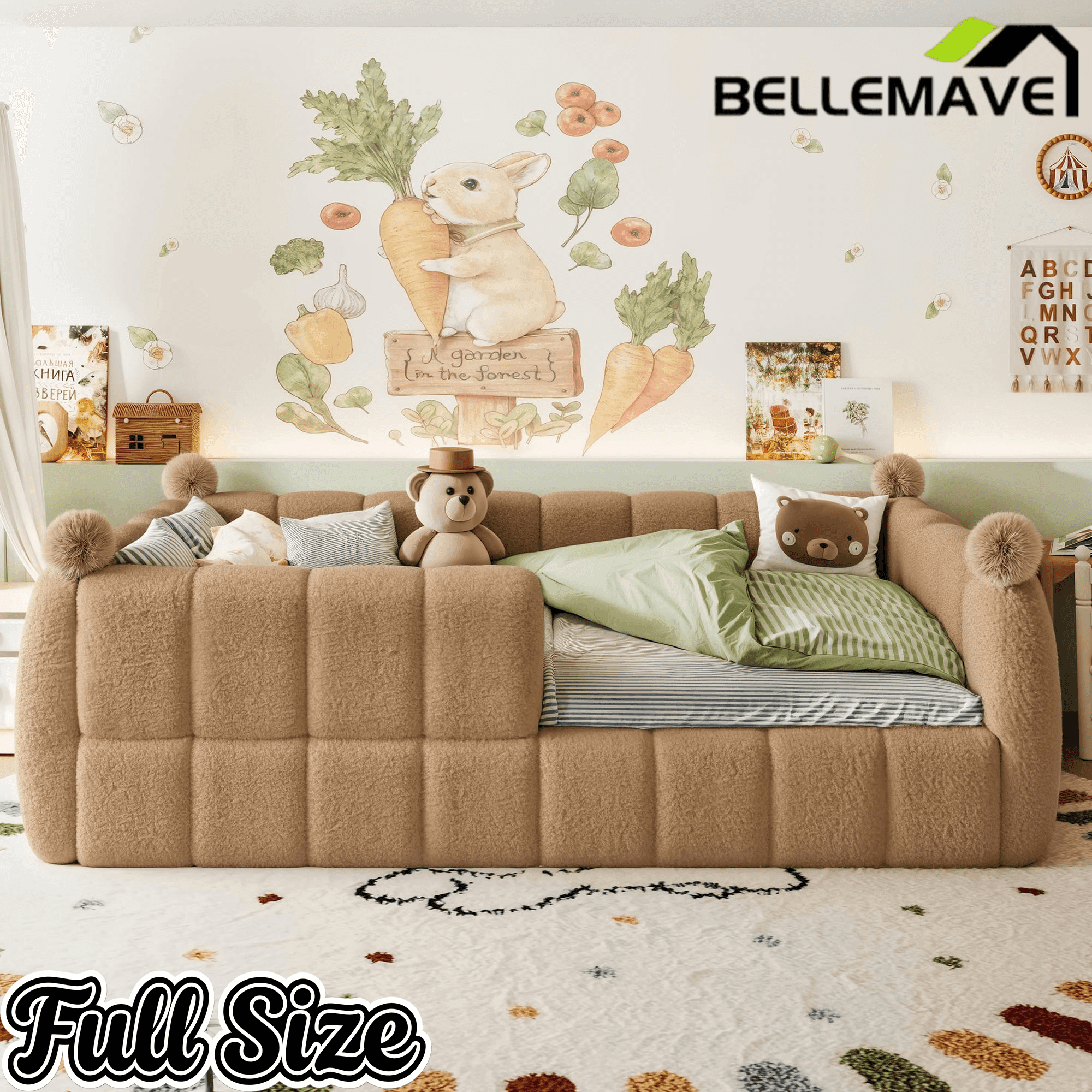 Bellemave® Teddy Fleece Upholstered Montessori Floor Bed with Fence,Low Profile Kids Bed Frame with Full Padded Safety Guardrails for Kids - Bellemave