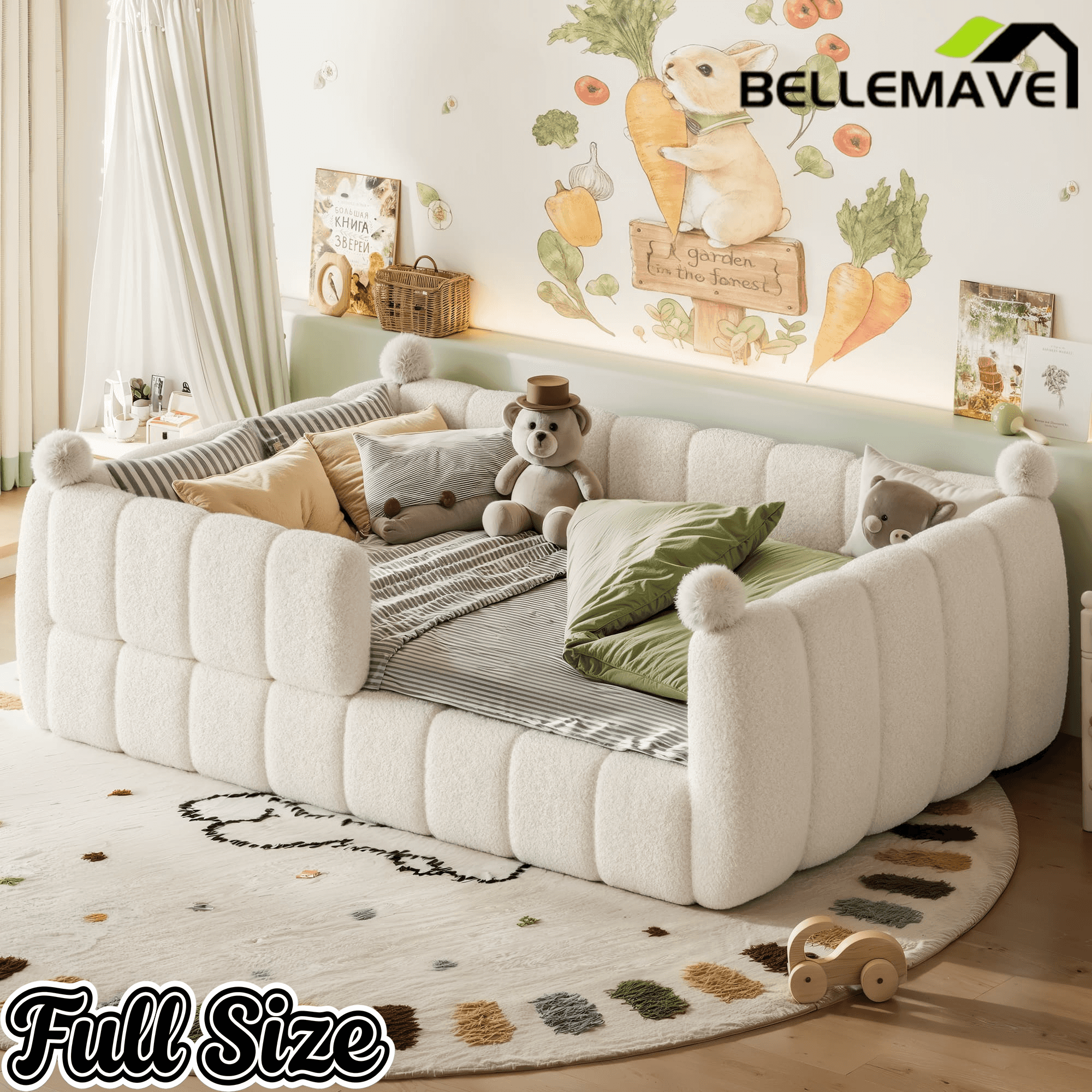 Bellemave® Teddy Fleece Upholstered Montessori Floor Bed with Fence,Low Profile Kids Bed Frame with Full Padded Safety Guardrails for Kids - Bellemave