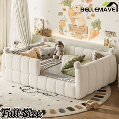 Bellemave® Teddy Fleece Upholstered Montessori Floor Bed with Fence,Low Profile Kids Bed Frame with Full Padded Safety Guardrails for Kids - Bellemave