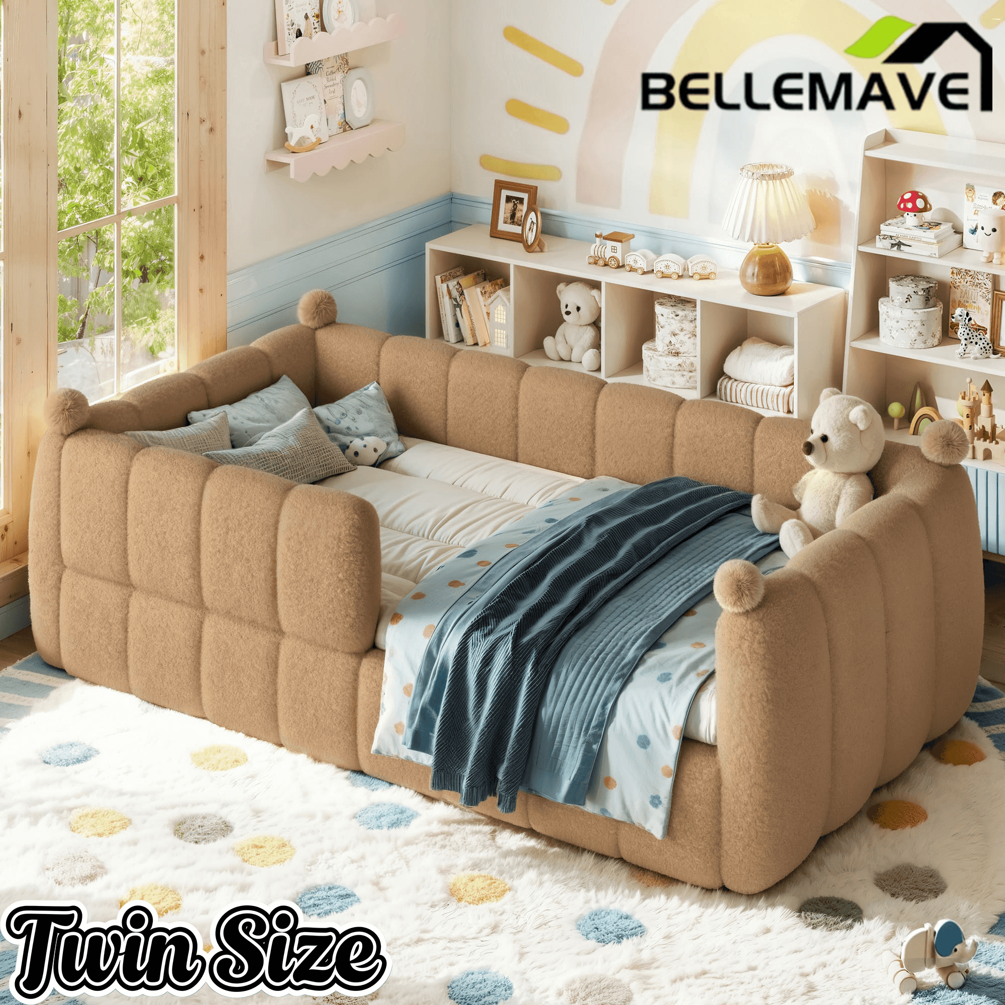 Bellemave® Teddy Fleece Upholstered Montessori Floor Bed with Fence,Low Profile Kids Bed Frame with Full Padded Safety Guardrails for Kids - Bellemave