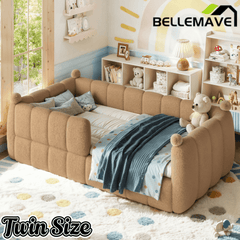 Bellemave® Teddy Fleece Upholstered Montessori Floor Bed with Fence,Low Profile Kids Bed Frame with Full Padded Safety Guardrails for Kids - Bellemave