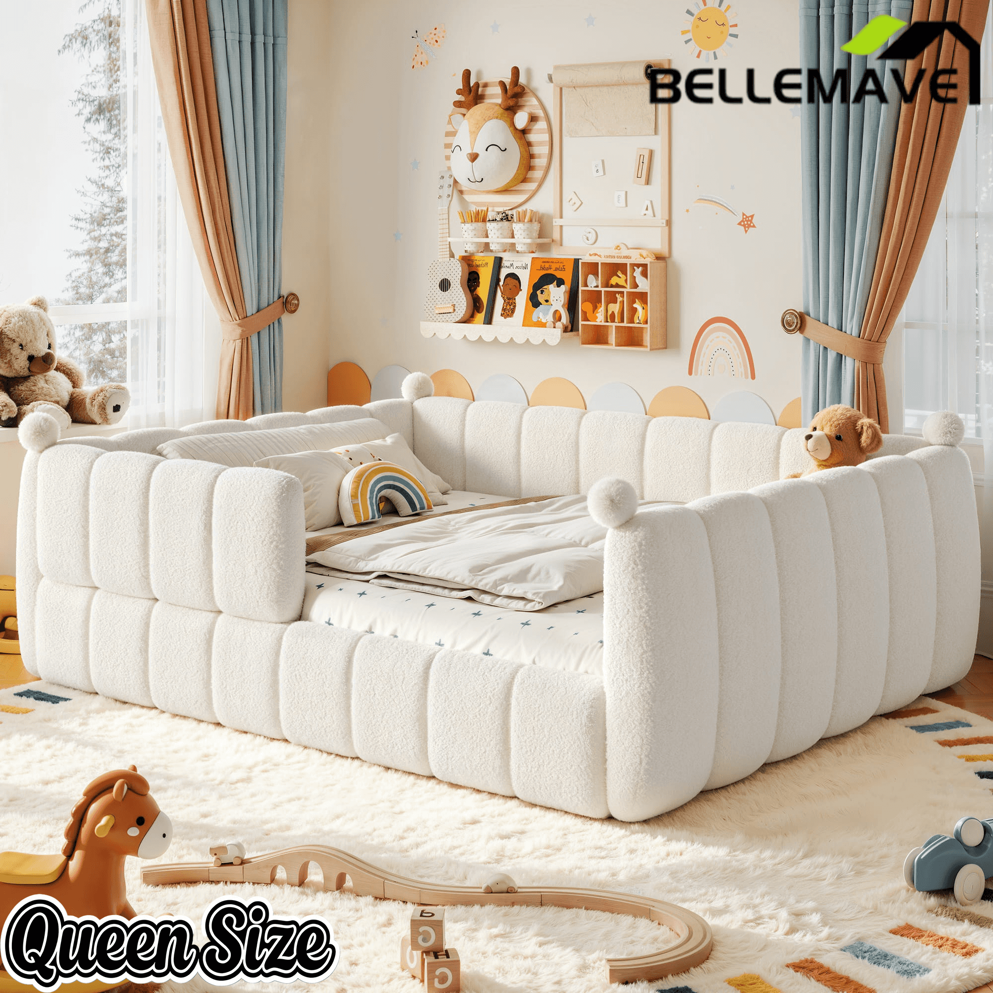 Bellemave® Teddy Fleece Upholstered Montessori Floor Bed with Fence,Low Profile Kids Bed Frame with Full Padded Safety Guardrails for Kids - Bellemave