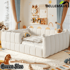 Bellemave® Teddy Fleece Upholstered Montessori Floor Bed with Fence,Low Profile Kids Bed Frame with Full Padded Safety Guardrails for Kids - Bellemave