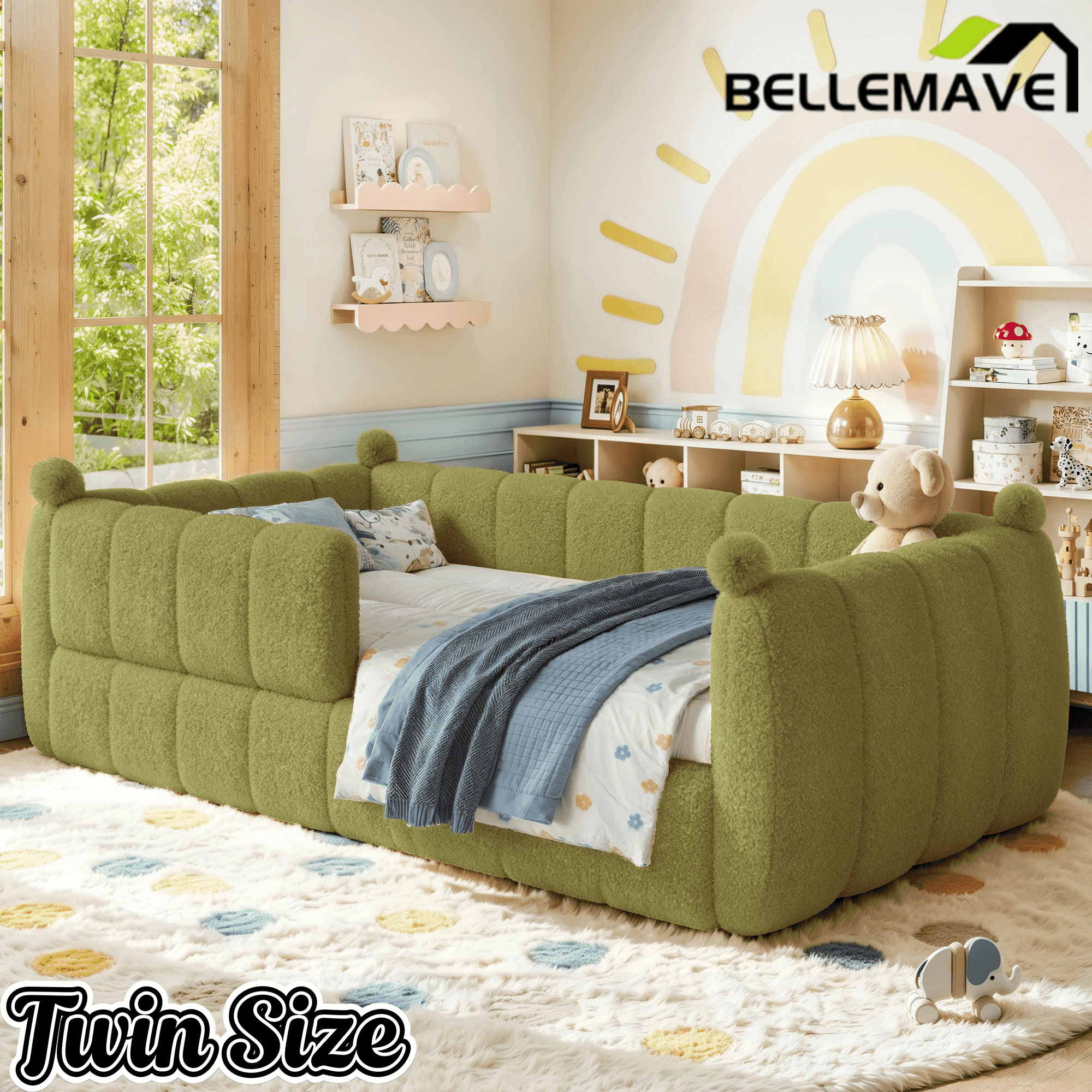 Bellemave® Teddy Fleece Upholstered Montessori Floor Bed with Fence,Low Profile Kids Bed Frame with Full Padded Safety Guardrails for Kids - Bellemave