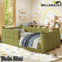 Bellemave® Teddy Fleece Upholstered Montessori Floor Bed with Fence,Low Profile Kids Bed Frame with Full Padded Safety Guardrails for Kids - Bellemave