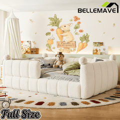 Bellemave® Teddy Fleece Upholstered Montessori Floor Bed with Fence,Low Profile Kids Bed Frame with Full Padded Safety Guardrails for Kids - Bellemave