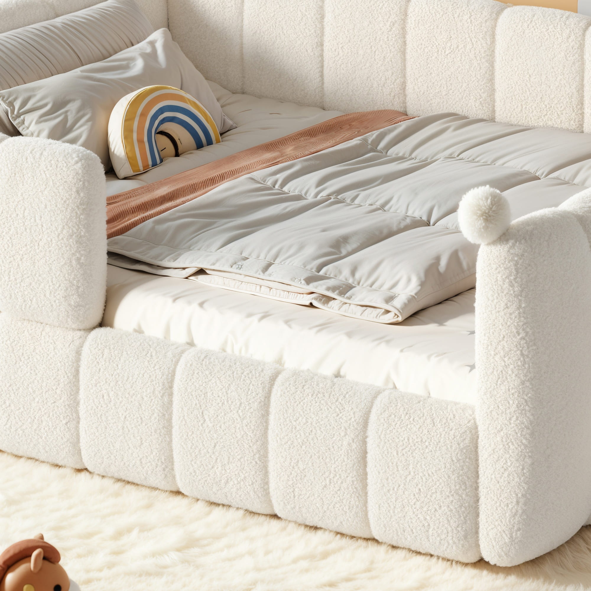 Bellemave® Teddy Fleece Upholstered Montessori Floor Bed with Fence,Low Profile Kids Bed Frame with Full Padded Safety Guardrails for Kids - Bellemave