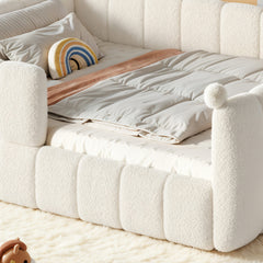 Bellemave® Teddy Fleece Upholstered Montessori Floor Bed with Fence,Low Profile Kids Bed Frame with Full Padded Safety Guardrails for Kids - Bellemave