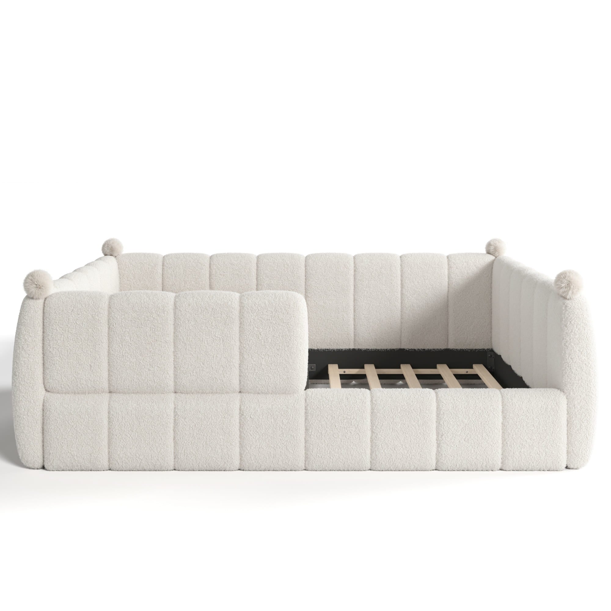 Bellemave® Teddy Fleece Upholstered Montessori Floor Bed with Fence,Low Profile Kids Bed Frame with Full Padded Safety Guardrails for Kids - Bellemave