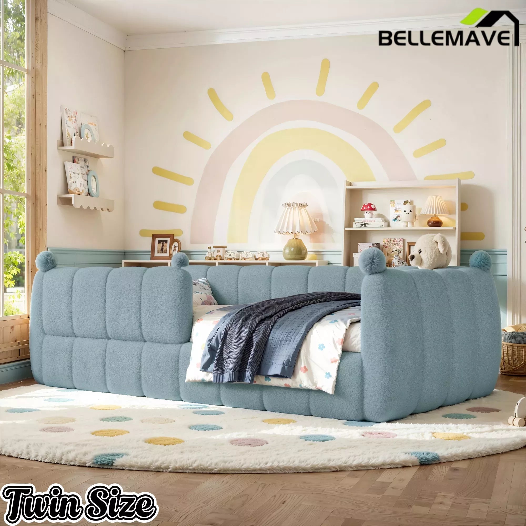 Bellemave® Teddy Fleece Upholstered Montessori Floor Bed with Fence,Low Profile Kids Bed Frame with Full Padded Safety Guardrails for Kids - Bellemave