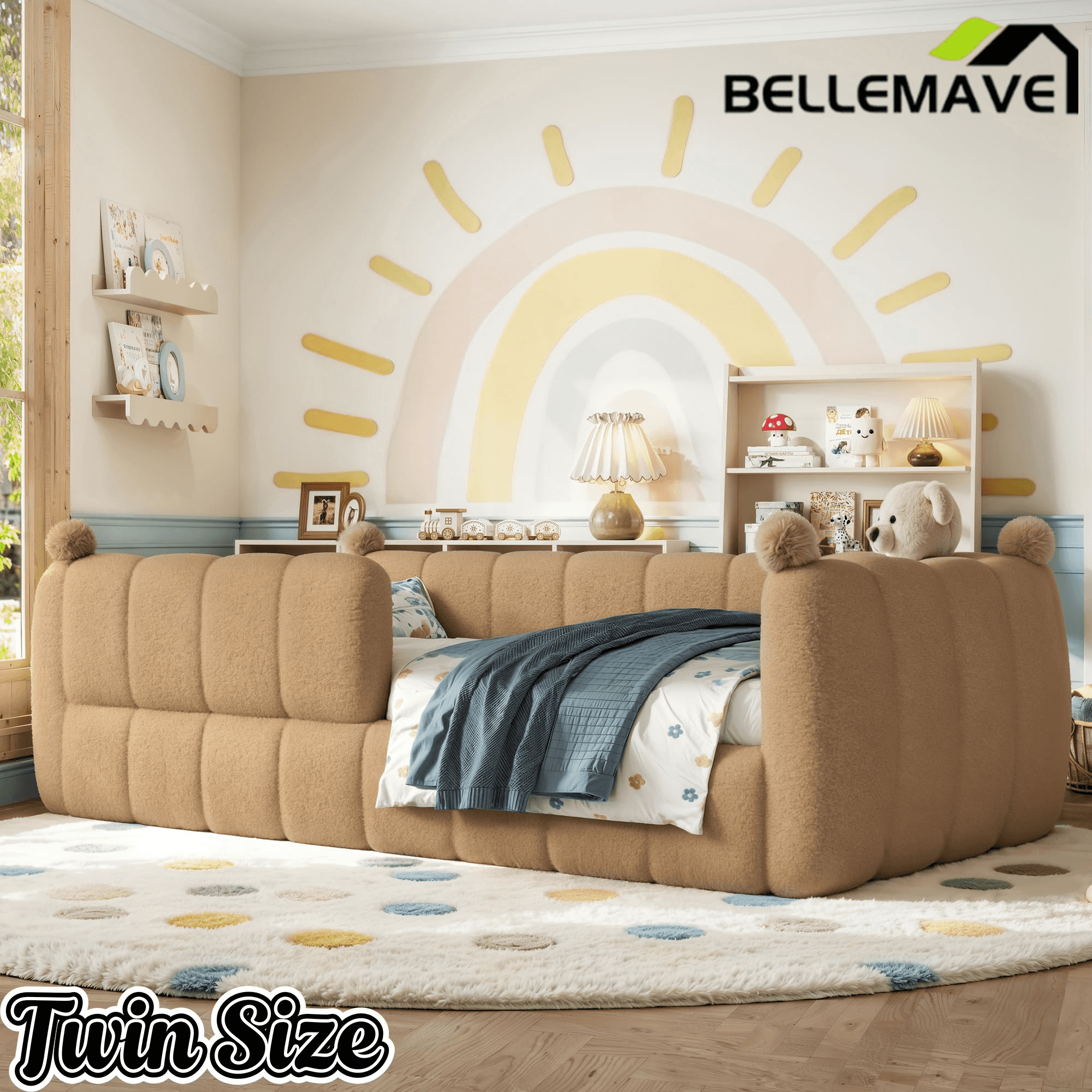 Bellemave® Teddy Fleece Upholstered Montessori Floor Bed with Fence,Low Profile Kids Bed Frame with Full Padded Safety Guardrails for Kids - Bellemave