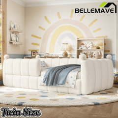 Bellemave® Teddy Fleece Upholstered Montessori Floor Bed with Fence,Low Profile Kids Bed Frame with Full Padded Safety Guardrails for Kids - Bellemave