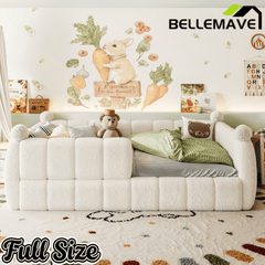 Bellemave® Teddy Fleece Upholstered Montessori Floor Bed with Fence,Low Profile Kids Bed Frame with Full Padded Safety Guardrails for Kids - Bellemave