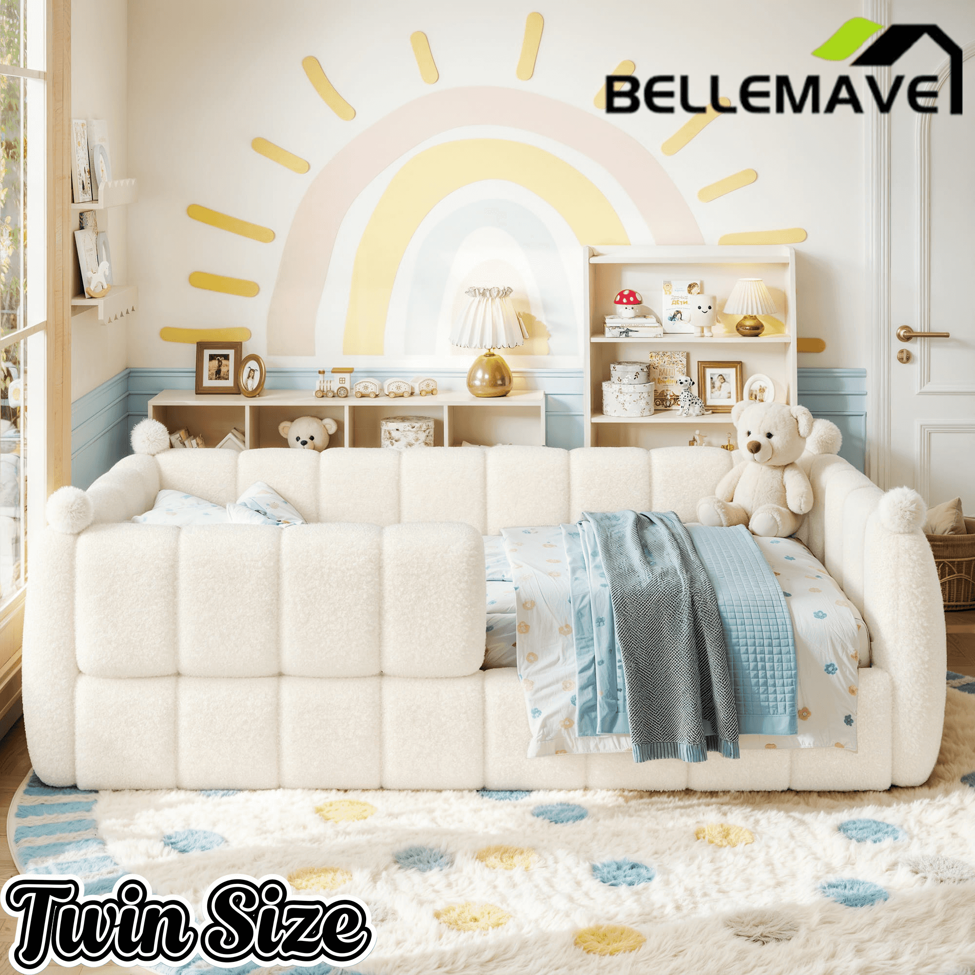 Bellemave® Teddy Fleece Upholstered Montessori Floor Bed with Fence,Low Profile Kids Bed Frame with Full Padded Safety Guardrails for Kids - Bellemave