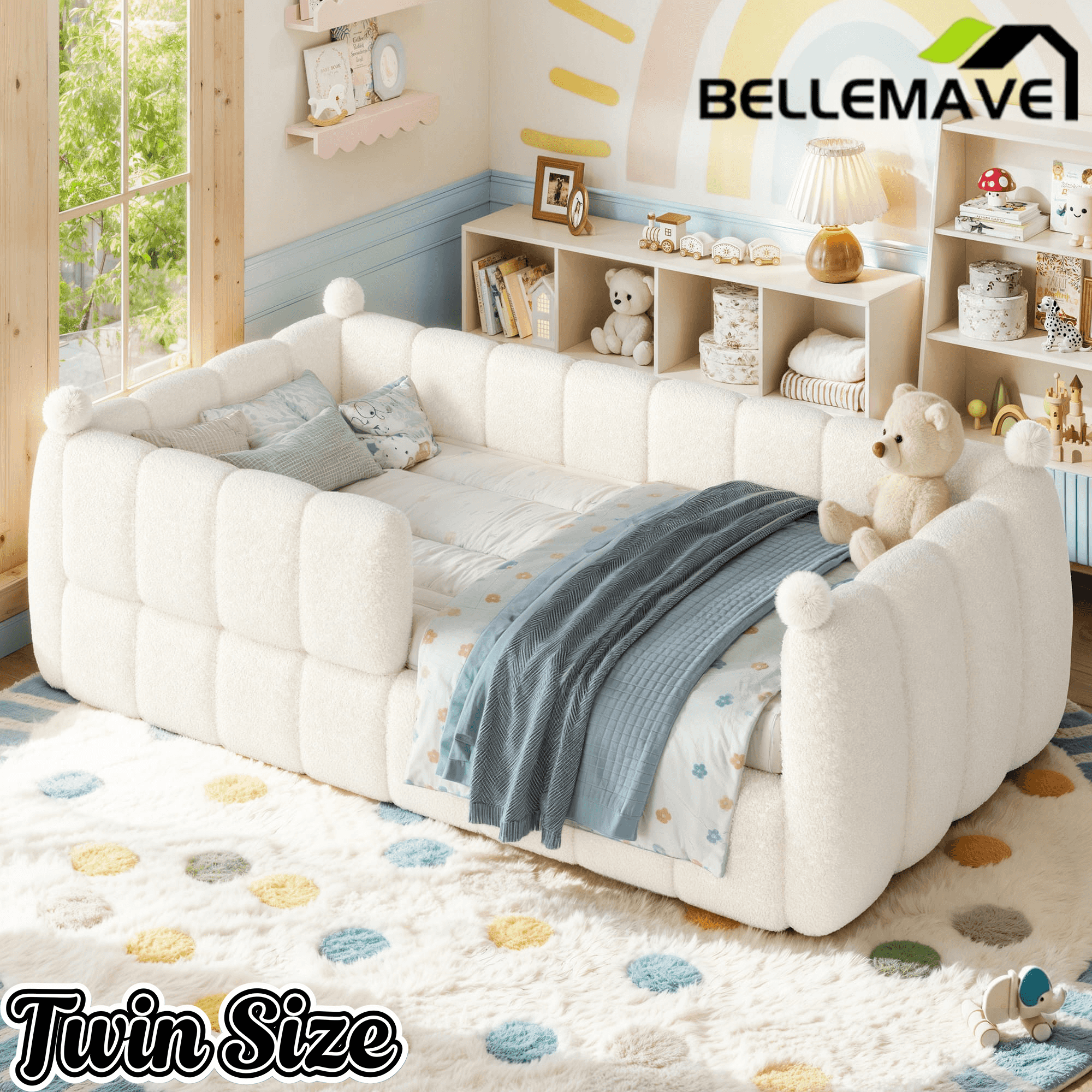 Bellemave® Teddy Fleece Upholstered Montessori Floor Bed with Fence,Low Profile Kids Bed Frame with Full Padded Safety Guardrails for Kids - Bellemave