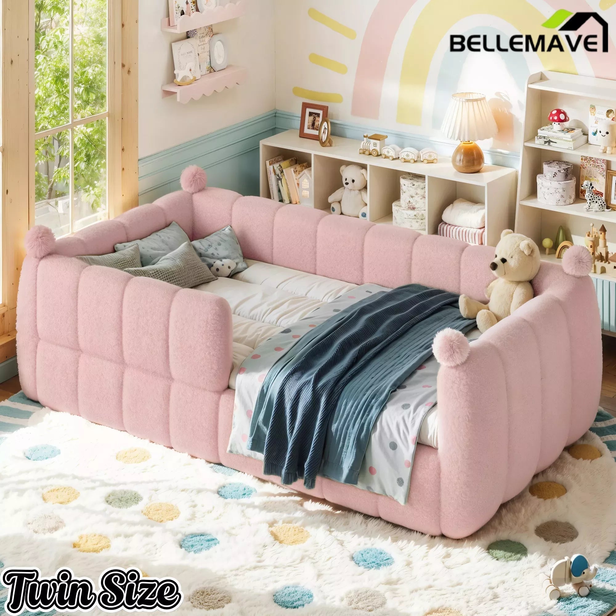 Bellemave® Teddy Fleece Upholstered Montessori Floor Bed with Fence,Low Profile Kids Bed Frame with Full Padded Safety Guardrails for Kids - Bellemave