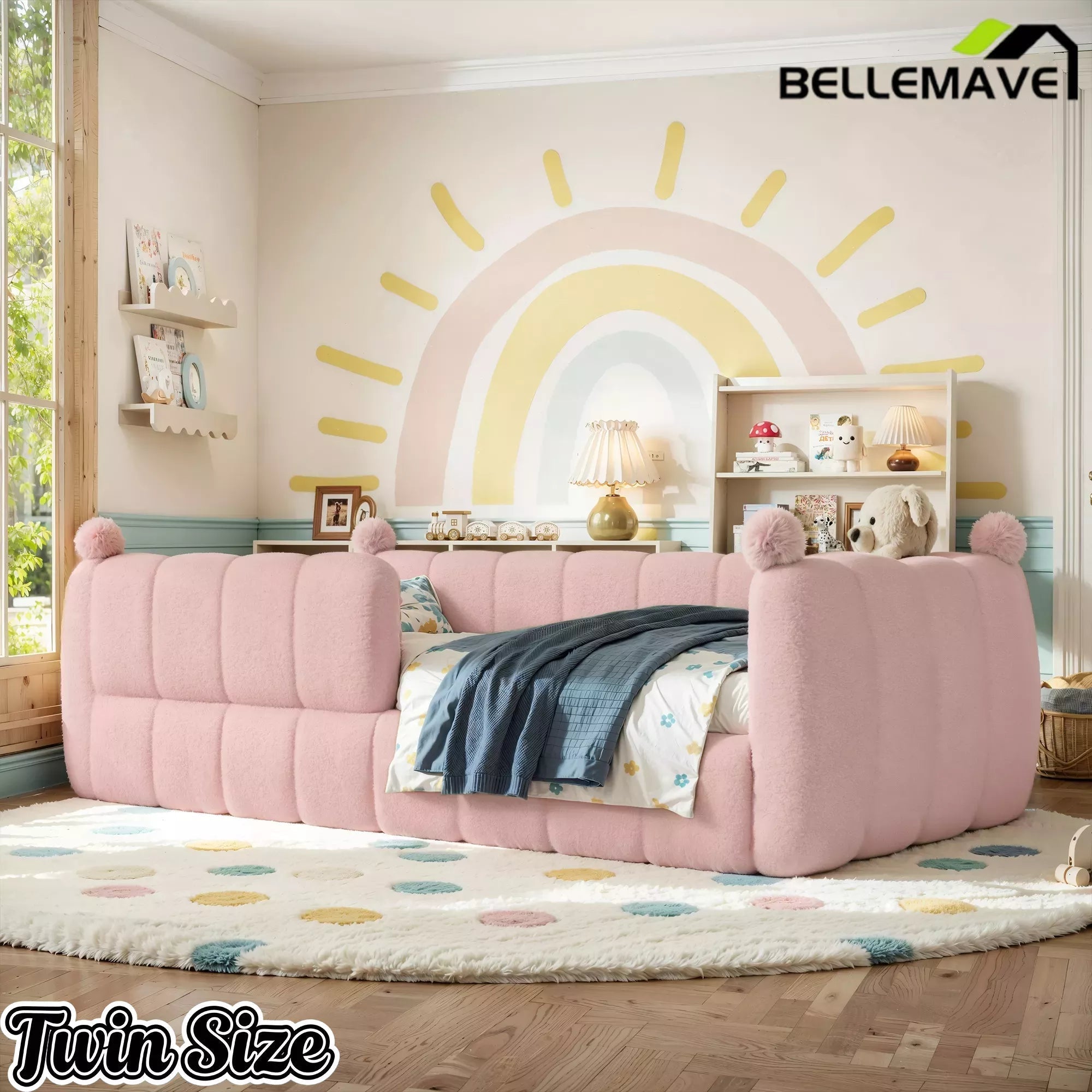Bellemave® Teddy Fleece Upholstered Montessori Floor Bed with Fence,Low Profile Kids Bed Frame with Full Padded Safety Guardrails for Kids - Bellemave